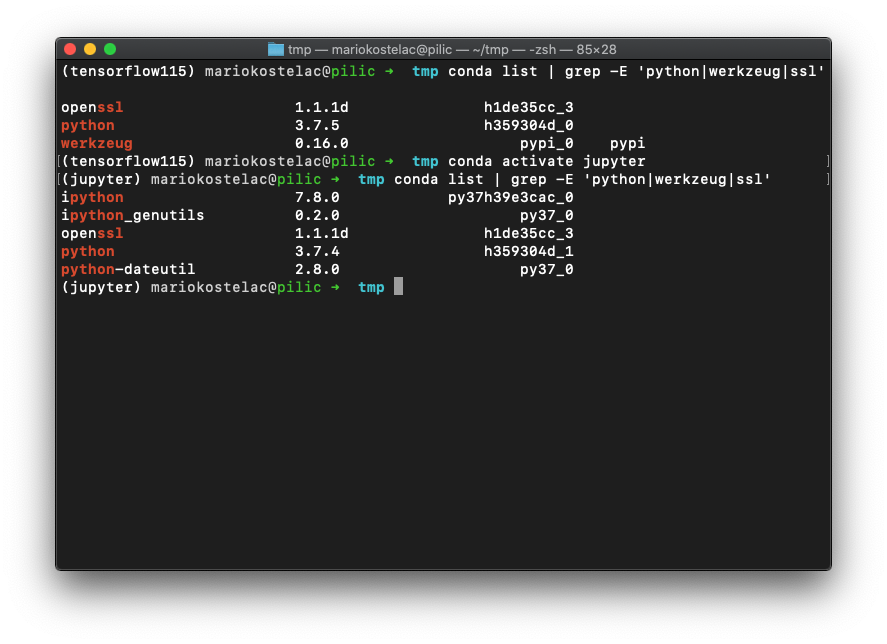 Conda环境封装了python，非python二进制（openssl）和python（werkzeug）软件包。您会看到激活不同的环境可以交换所有这些。